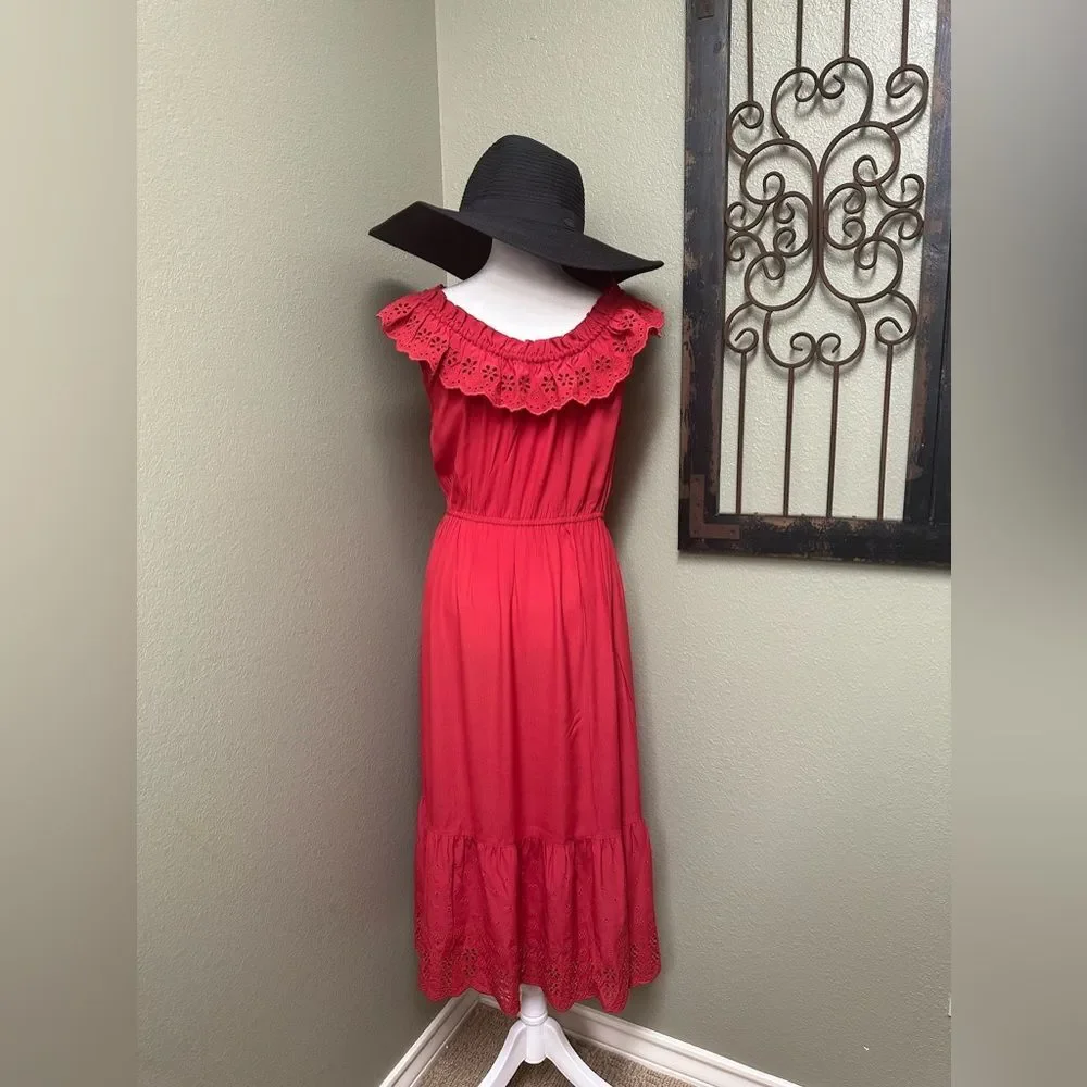 Coach sleeveless crimson eyelet ruffle elastic waist with pockets midi dress